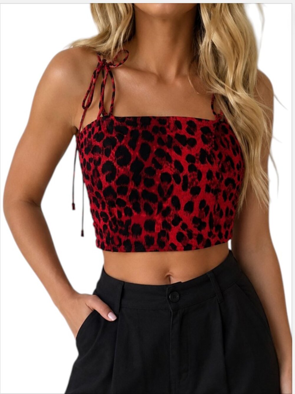Red Leopard Print Tie Strap Crop Top M